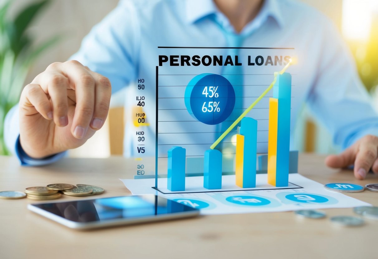 El cambio en el puntaje de crédito de una persona debido a préstamos personales, con un gráfico que muestra el impacto y varios símbolos financieros a su alrededor.