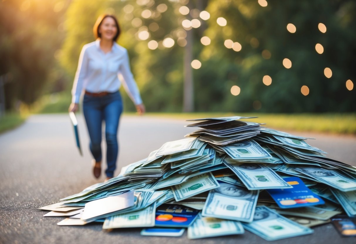 Una persona caminando felizmente lejos de una gran pila de facturas y tarjetas de crédito, simbolizando la libertad financiera y las estrategias de reducción de deudas.