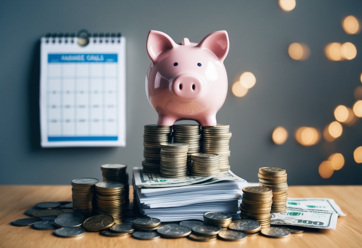 Una alcancía está sobre una pila de monedas, rodeada de una creciente montaña de billetes. Un calendario con metas de ahorro está pegado a la pared.