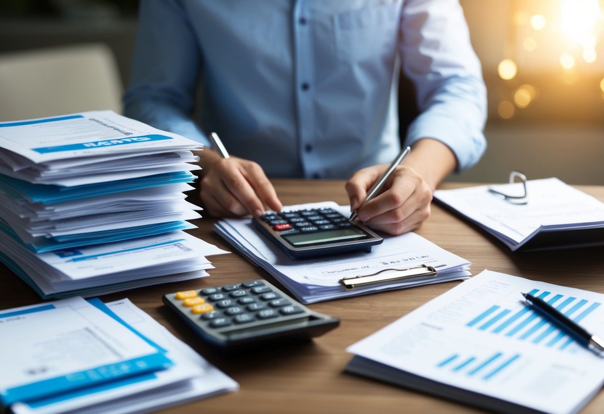 Una persona organizando y gestionando una pila de facturas y documentos financieros, usando una calculadora y escribiendo notas en un bloc de notas.