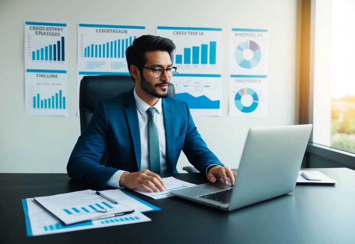 Una persona sentada en un escritorio con una laptop y documentos, rodeada de gráficos y tablas que muestran estrategias y cronogramas de reparación de crédito.