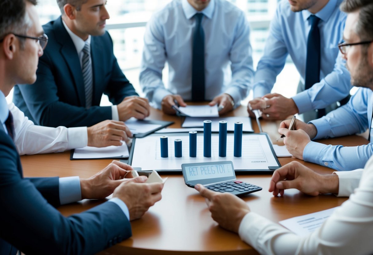 Una mesa rodeada de profesionales de negocios discutiendo opciones de reestructuración financiera para empresas con deudas.