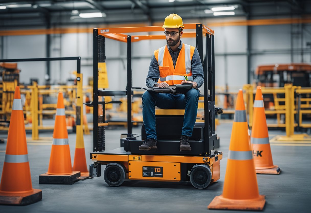 A worker operates a scissor lift, surrounded by safety cones and caution signs