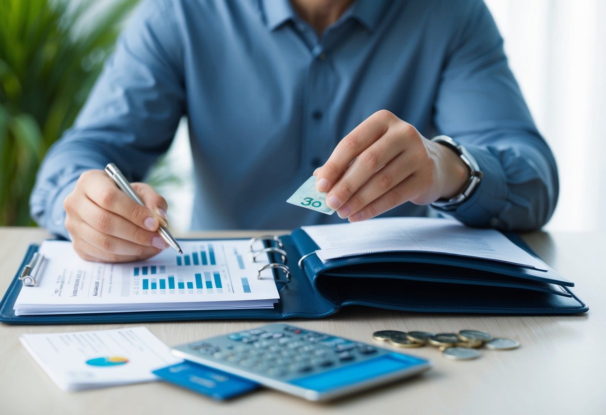 Una persona organizando y gestionando cuidadosamente sus finanzas, con un plan claro para pagar deudas y mantener un buen historial crediticio.