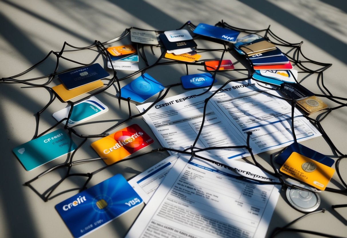 Una diversa variedad de tarjetas de crédito y documentos de préstamo dispuestos en una red enredada, proyectando largas sombras sobre un informe de crédito.