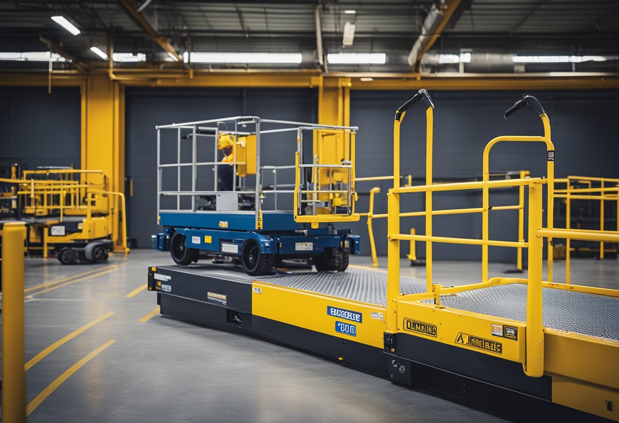 A scissor lift elevated with an instructor overseeing a trainee operating controls. Safety barriers and certification signage in the background