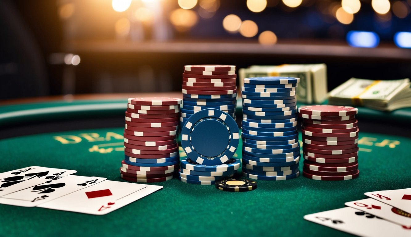 Sekelompok chip poker dan kartu bermain yang disusun di atas meja felt hijau, dengan tombol dealer dan tumpukan uang tunai di latar belakang