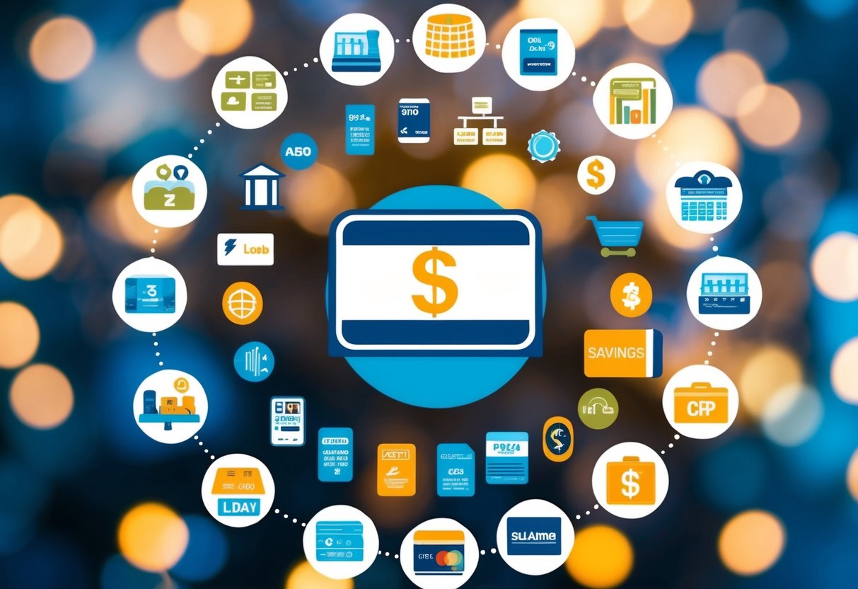 Una variedad de símbolos e íconos financieros que representan diferentes métodos de financiación, como préstamos, tarjetas de crédito y cuentas de ahorro, dispuestos en un patrón circular.