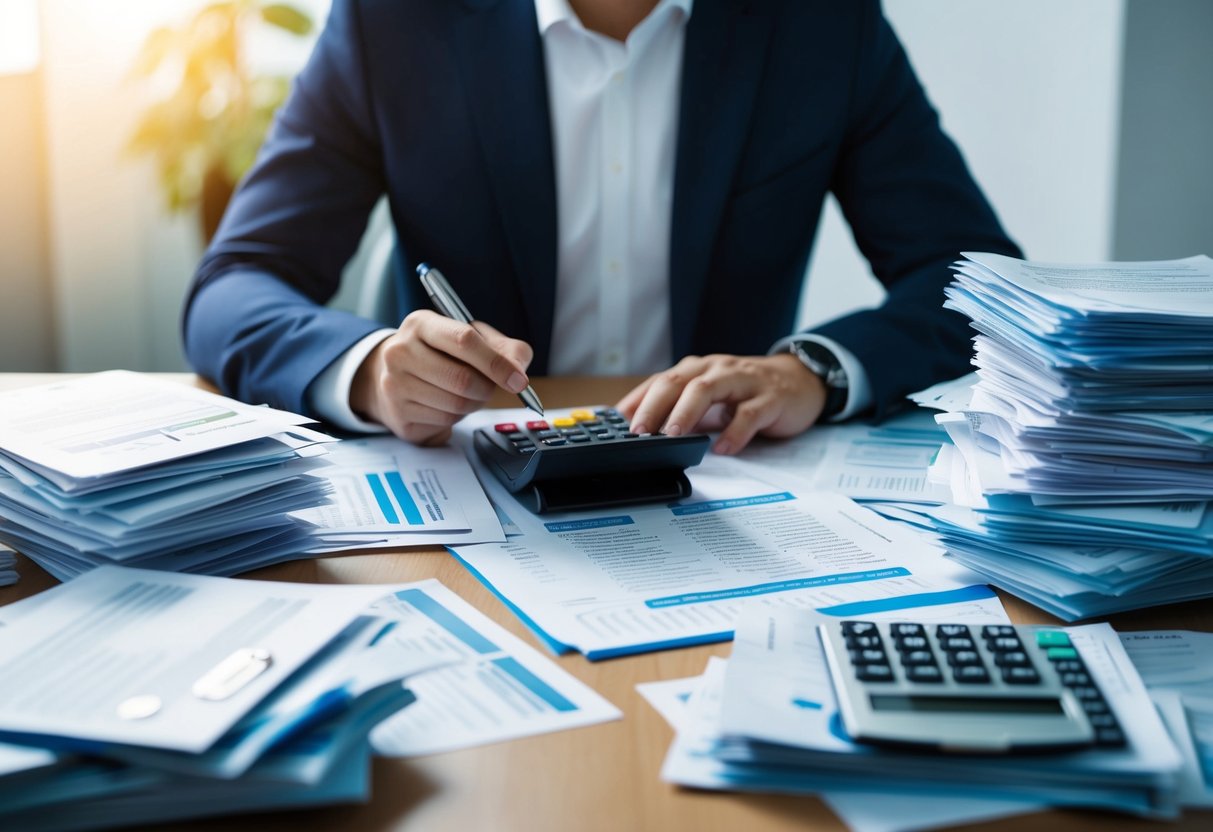 Una persona sentada en un escritorio, rodeada de pilas de facturas y documentos financieros, con una calculadora y un bolígrafo en la mano, contemplando opciones de consolidación de deudas.