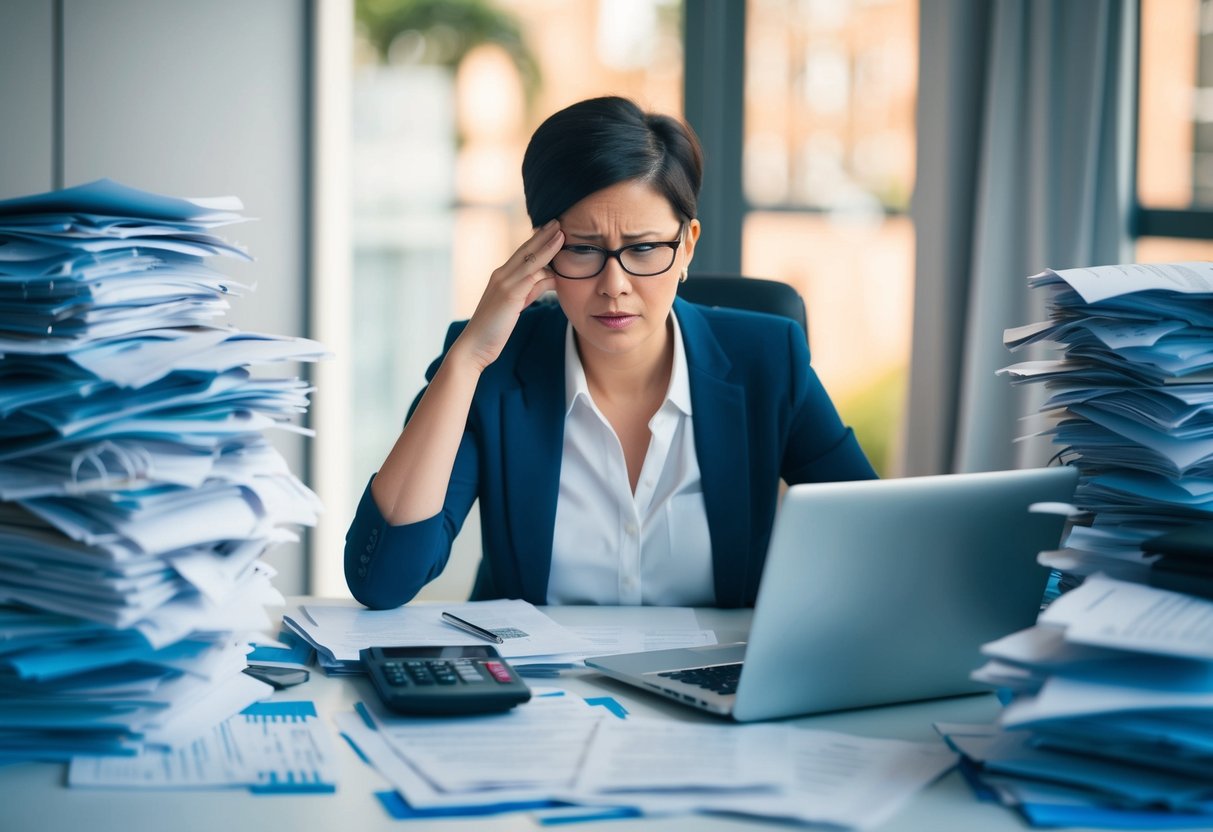 Una persona sentada en un escritorio rodeada de montones de facturas y papeleo, luciendo estresada y abrumada. Una calculadora y una laptop están en el escritorio, indicando gestión financiera.