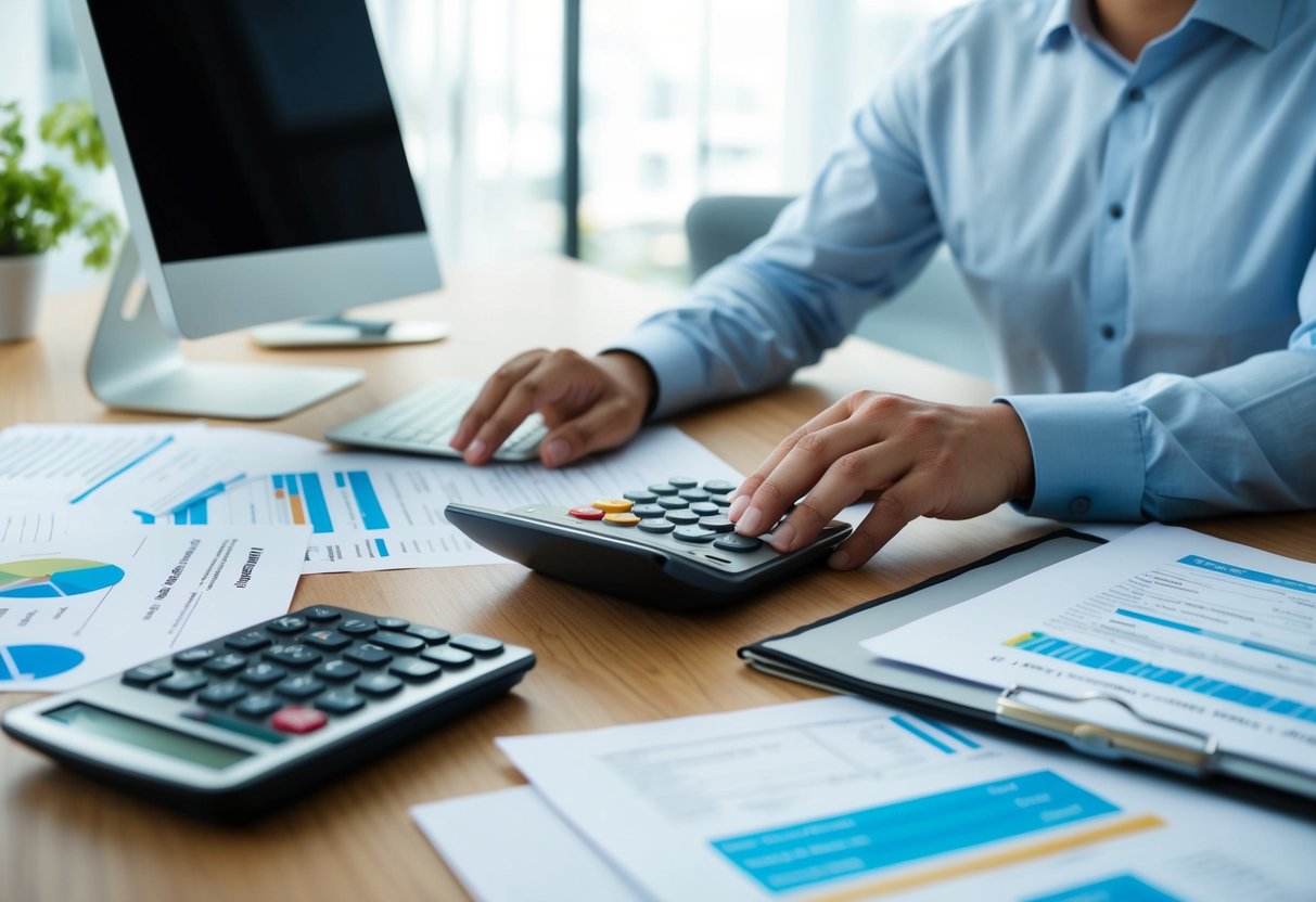 Una persona sentada en un escritorio rodeada de documentos financieros, calculadora y computadora, considerando diferentes opciones de préstamo para la refinanciación de deudas.