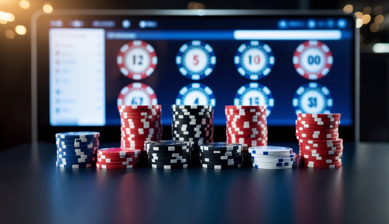 Sekelompok chip poker dan kartu yang diatur di atas meja modern yang ramping dengan antarmuka digital di latar belakang