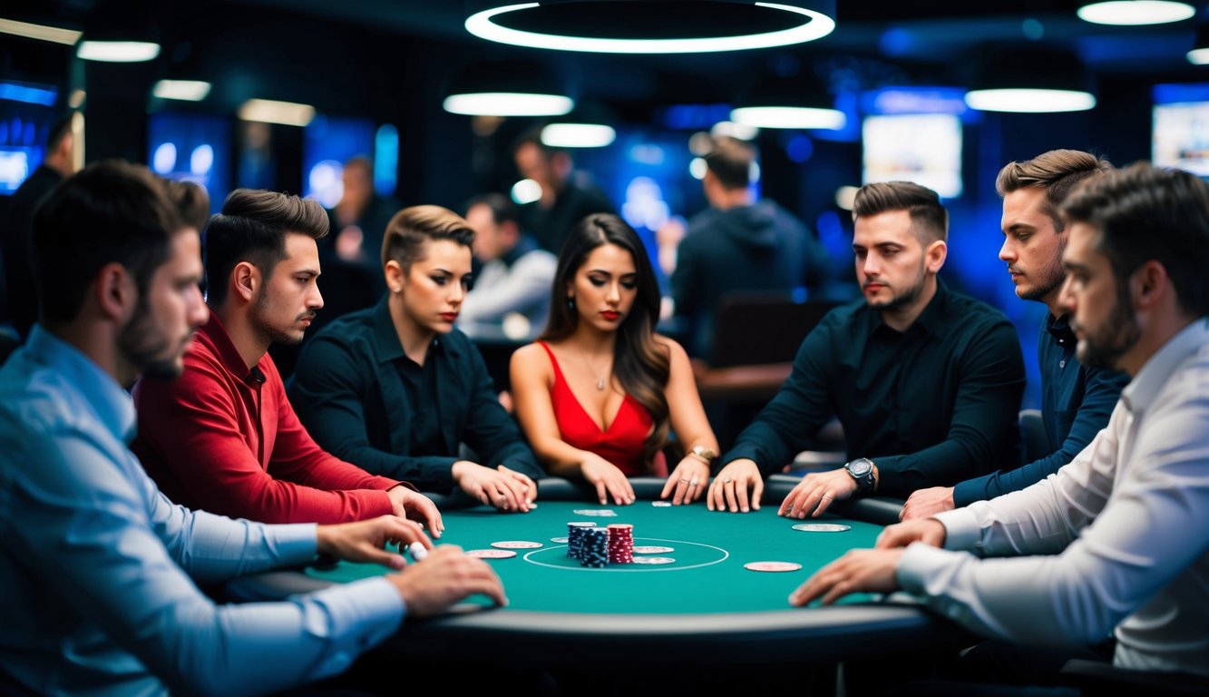 Sekelompok pemain poker berkumpul di sekitar meja virtual, fokus dan intens saat mereka merencanakan strategi dan mengambil langkah dalam permainan daring.