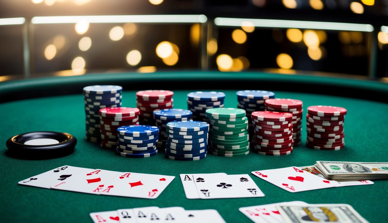 Sekelompok chip poker dan kartu remi yang disusun di atas meja felt hijau dengan tombol dealer dan tumpukan uang