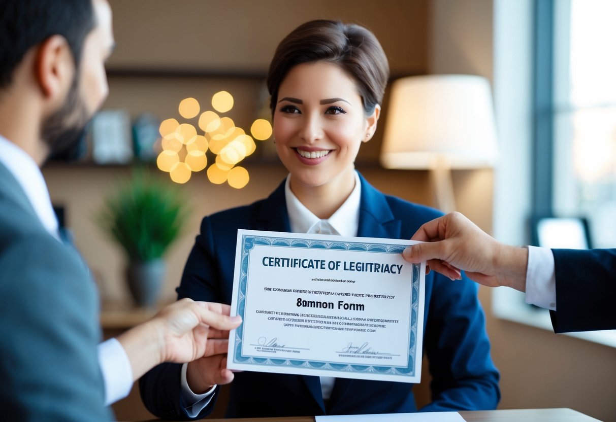 Una persona que recibe un certificado de legitimidad de un servicio de reparación de crédito de buena reputación, mientras evita ofertas fraudulentas.
