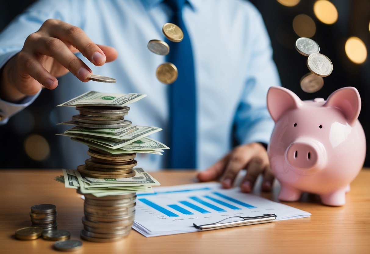 Una persona equilibrando cuidadosamente una pila de billetes y monedas, mientras también hace malabares con una hoja de cálculo de presupuesto y una alcancía.