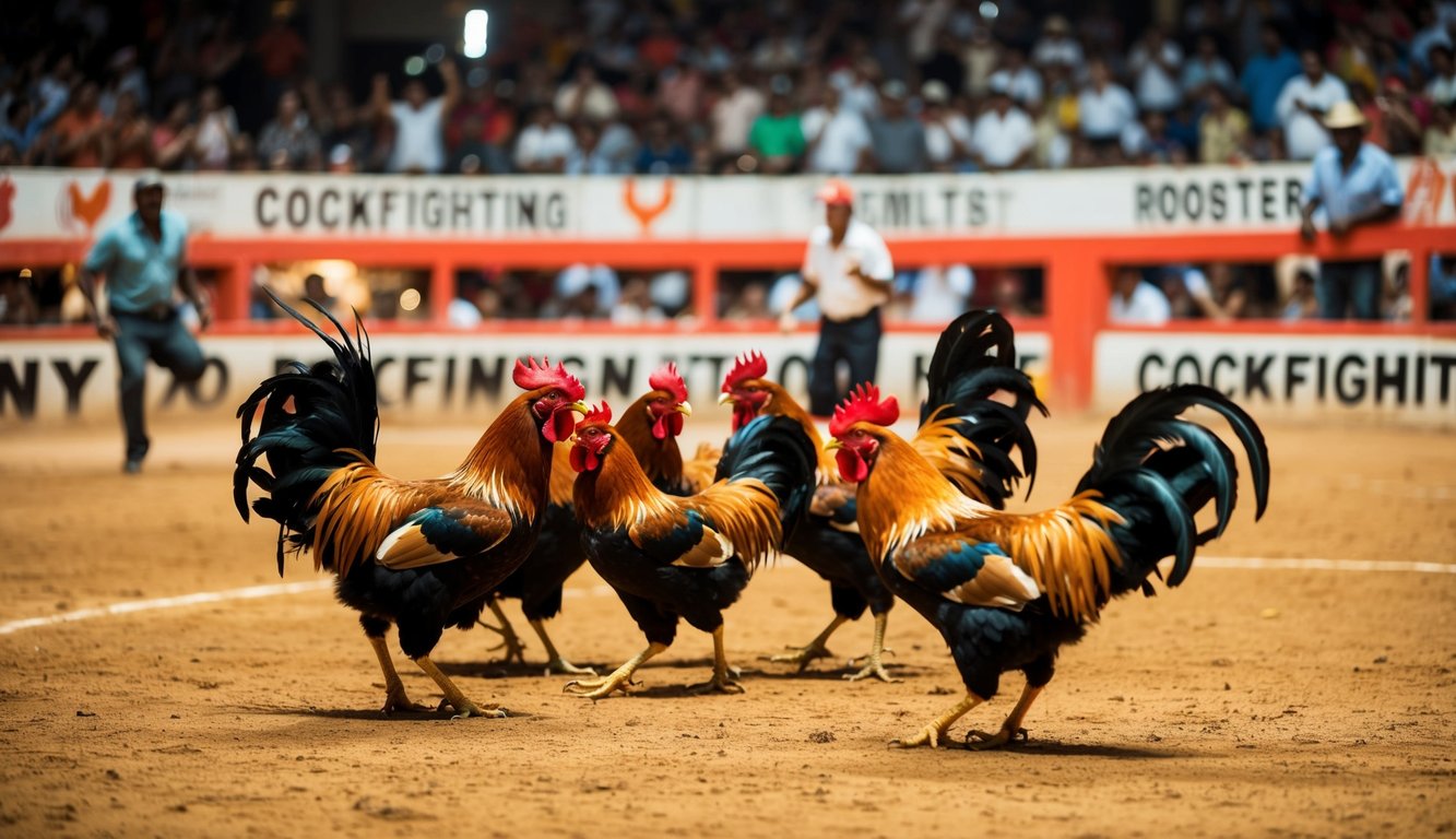 Sebuah arena sabung ayam yang ramai dengan penonton yang bersorak dan ayam jantan yang terlibat dalam pertempuran sengit