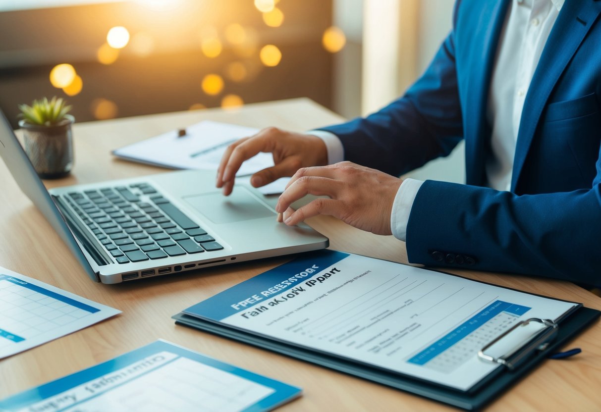 Una persona sentada en un escritorio con una computadora portátil, llenando un formulario en línea para solicitar un informe de crédito gratuito. La persona está rodeada de documentos y un calendario.