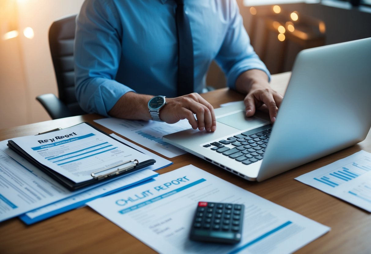 Una persona sentada en un escritorio con una computadora portátil, rodeada de documentos y papeles financieros. La persona está llenando un formulario en línea para solicitar un informe de crédito gratuito.