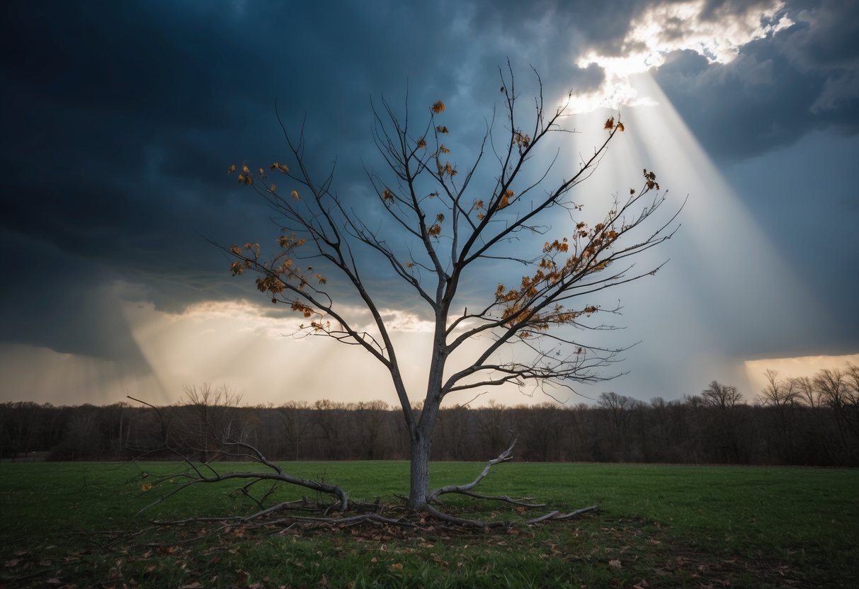 Un árbol barrenado con hojas marchitas y una rama rota, rodeado de nubes de tormenta oscuras y un rayo de luz que se abre paso.