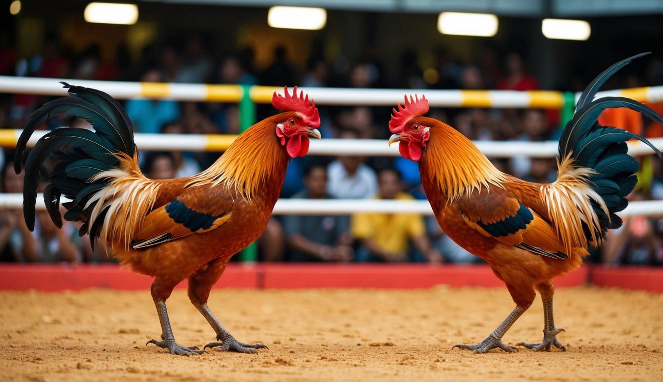 Dua ayam jantan berhadapan di arena yang ramai, bulu-bulu mereka berantakan, siap bertarung dalam pertandingan Sabung Ayam S128 tradisional