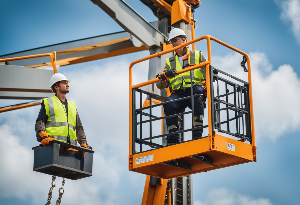 A person operating a boom lift, surrounded by safety cones and wearing a hard hat and safety harness