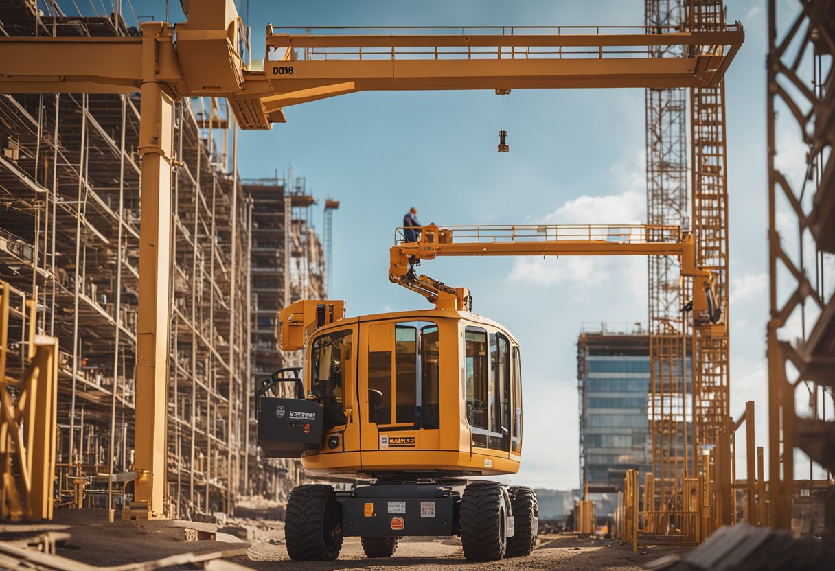 A boom lift extends high above a construction site, with workers below. The machine is labeled with safety certification stickers