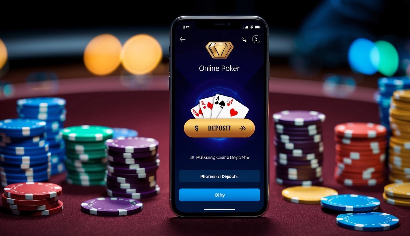 Sebuah smartphone yang menampilkan permainan poker online dengan tombol deposit yang berdenyut, dikelilingi oleh chip kasino dan kartu berwarna-warni