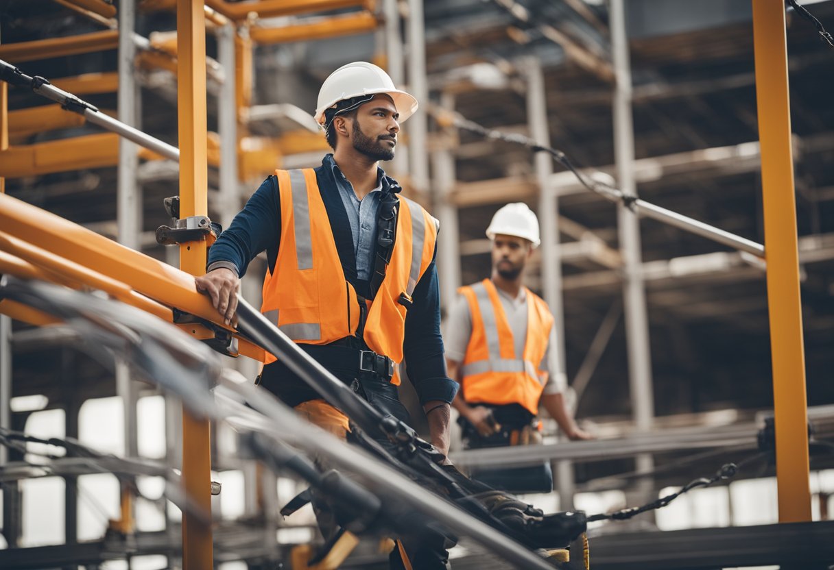 A worker operating a boom lift at a construction site, surrounded by safety cones and wearing a hard hat and safety harness