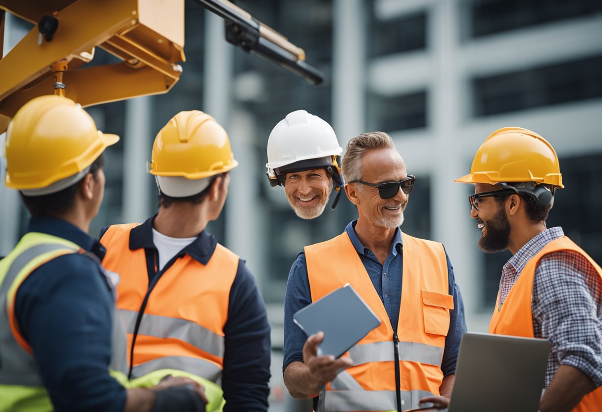 A group of workers undergo boom lift certification training outdoors, with an instructor demonstrating safety procedures on the equipment