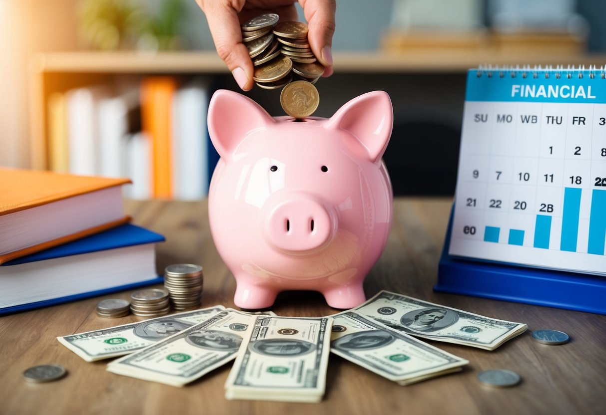 Una alcancía siendo llenada con monedas y billetes, rodeada de libros sobre educación financiera y un calendario que marca hitos de ahorro