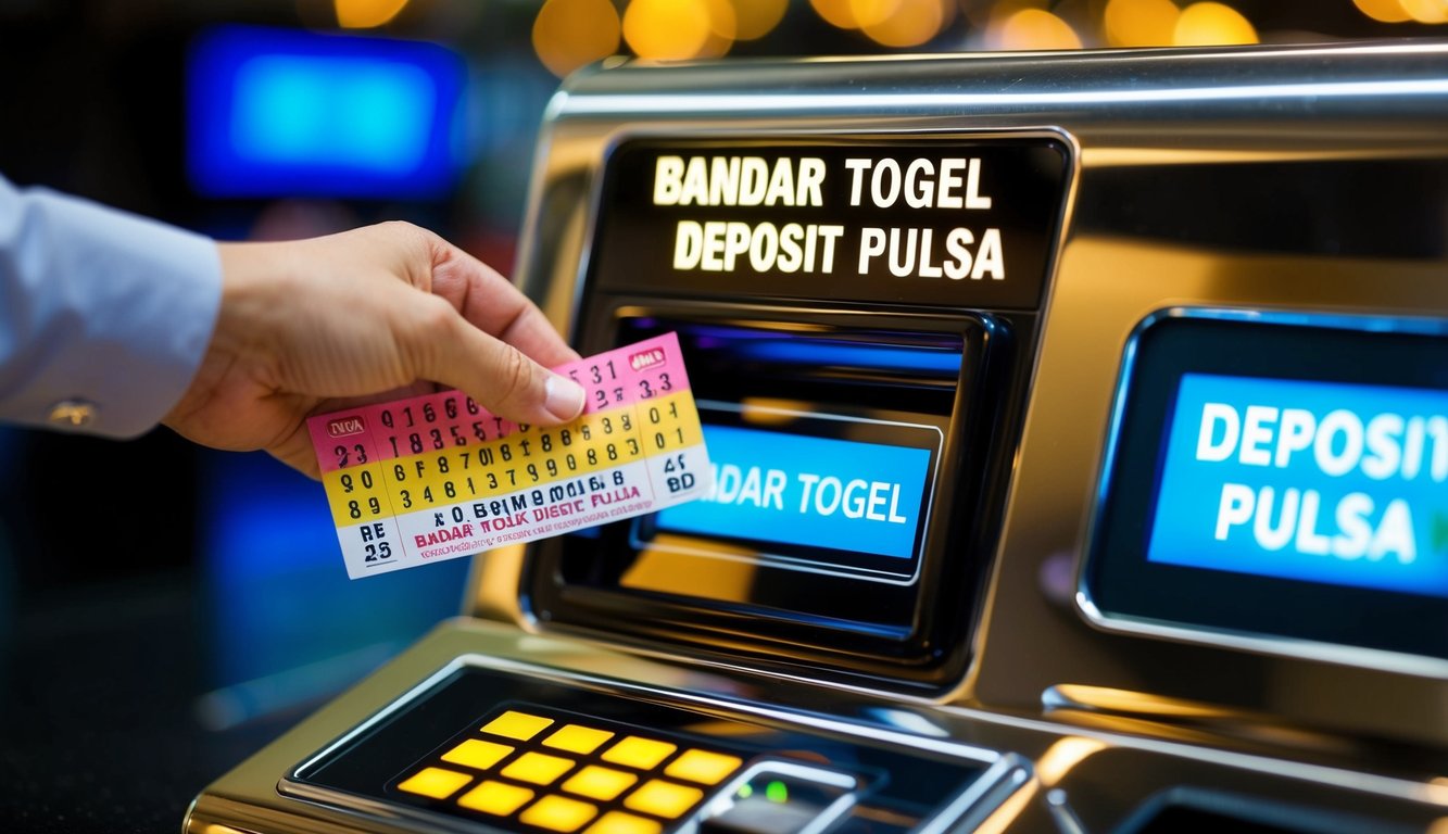 Sebuah tiket lotere berwarna-warni dimasukkan ke dalam slot bertuliskan "Bandar Togel Deposit Pulsa" dengan tampilan digital yang bersinar menunjukkan transaksi.