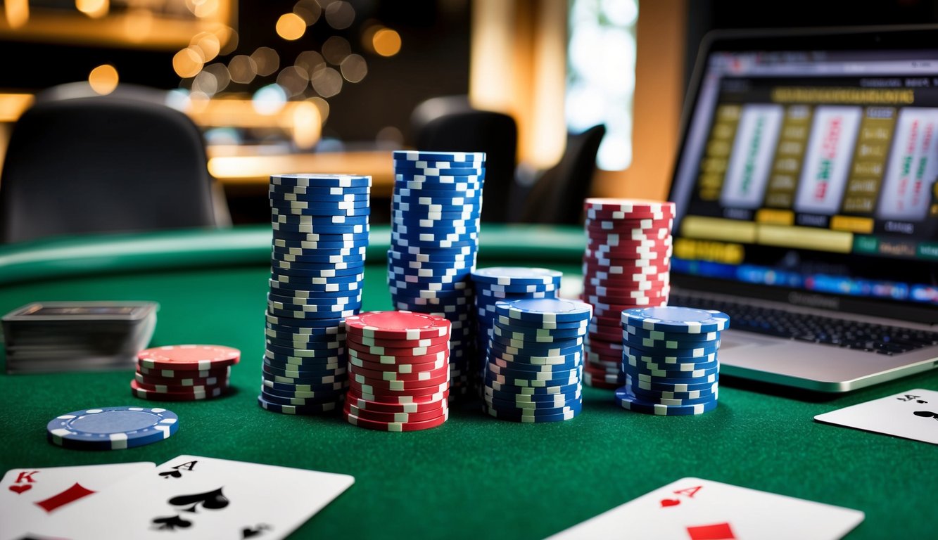 Sekumpulan chip poker yang ditumpuk di atas meja felt hijau, dikelilingi oleh kartu bermain dan sebuah laptop ramping dengan situs web poker terbuka