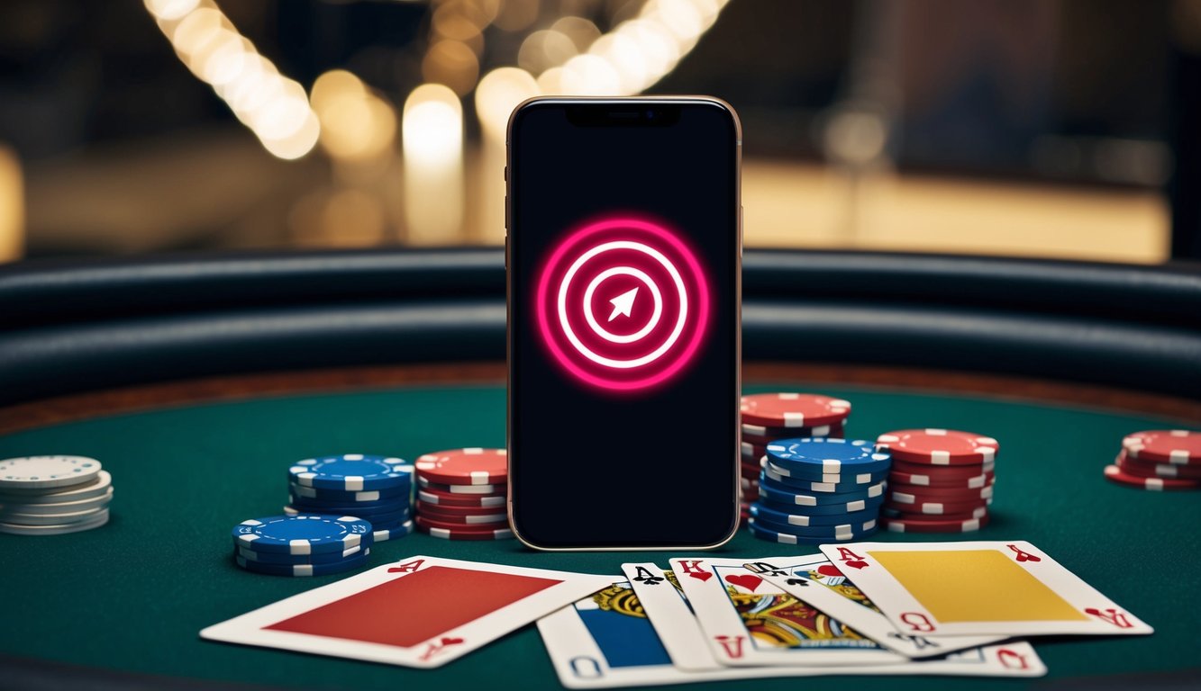 Sebuah smartphone dengan ikon sinyal berdenyut, dikelilingi oleh chip poker dan kartu bermain, di atas meja