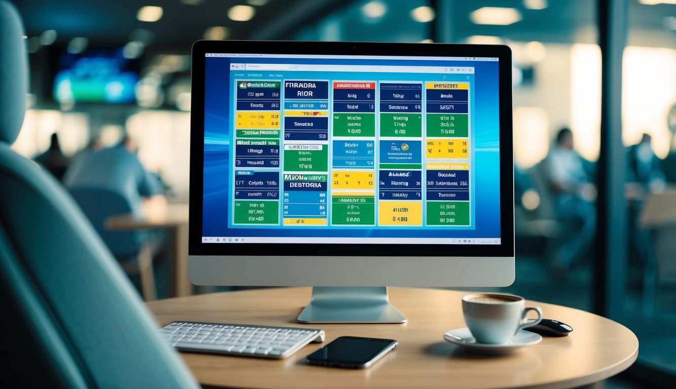 Sebuah layar komputer menampilkan berbagai acara olahraga dan peluang, dikelilingi oleh kursi yang nyaman dan meja dengan secangkir kopi