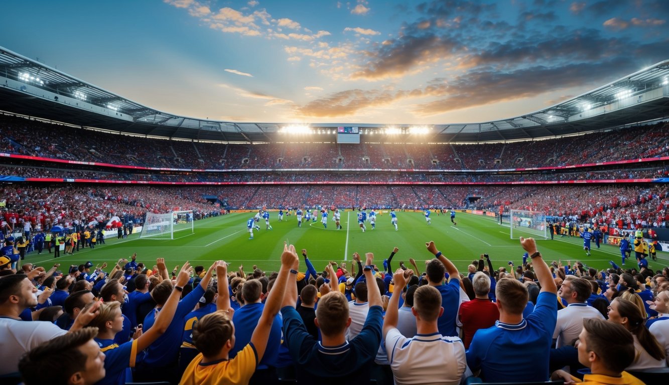 Sebuah stadion olahraga yang ramai dengan penggemar yang bersorak dan pemain di lapangan