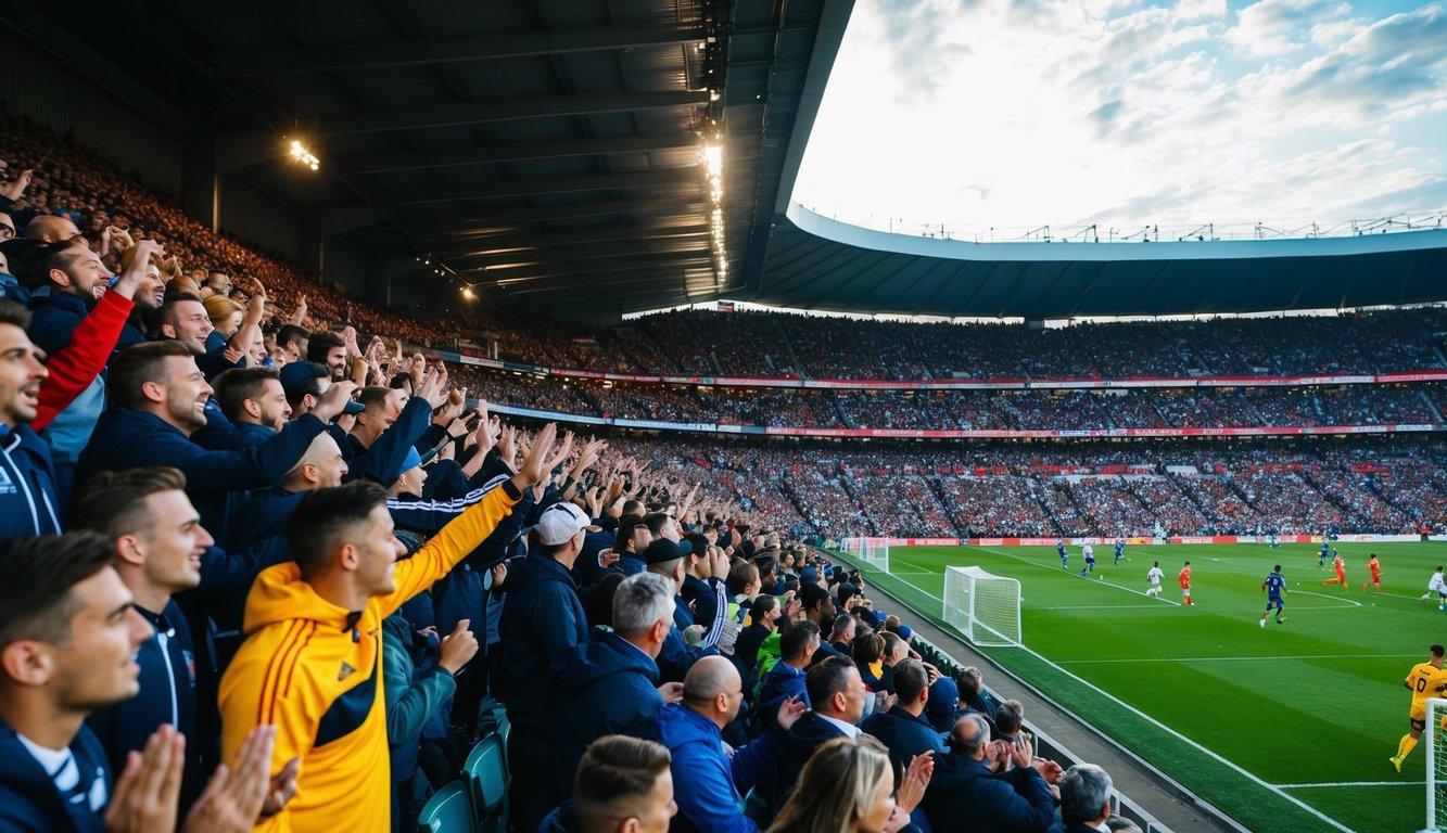 Sebuah stadion yang ramai dengan para penggemar yang bersorak dan lapangan sepak bola dengan pemain yang sedang beraksi