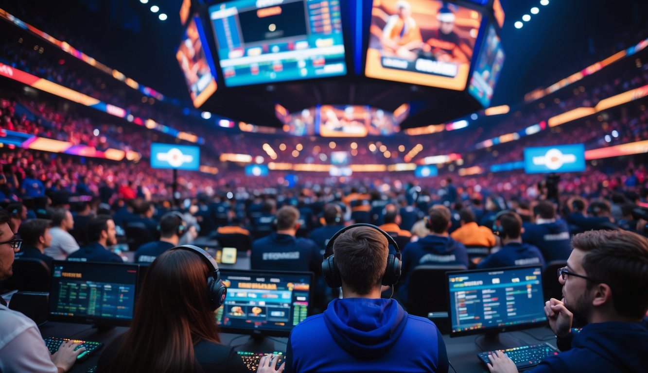 Sebuah arena taruhan esports yang ramai dengan layar berwarna-warni dan penggemar yang antusias