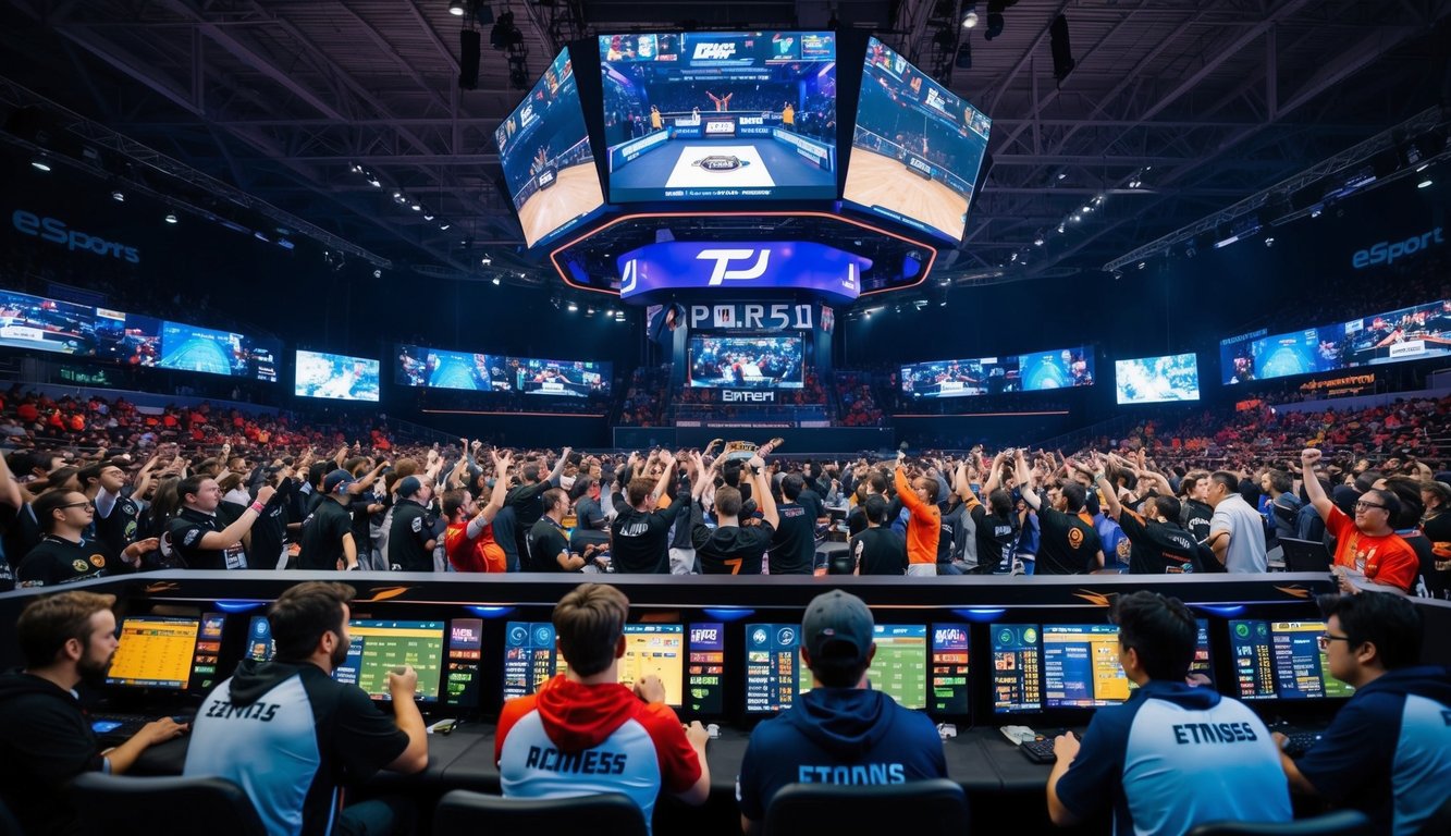 Sebuah arena esports yang ramai dengan pertandingan intens di layar besar dan penggemar yang antusias bersorak serta memasang taruhan di stan taruhan