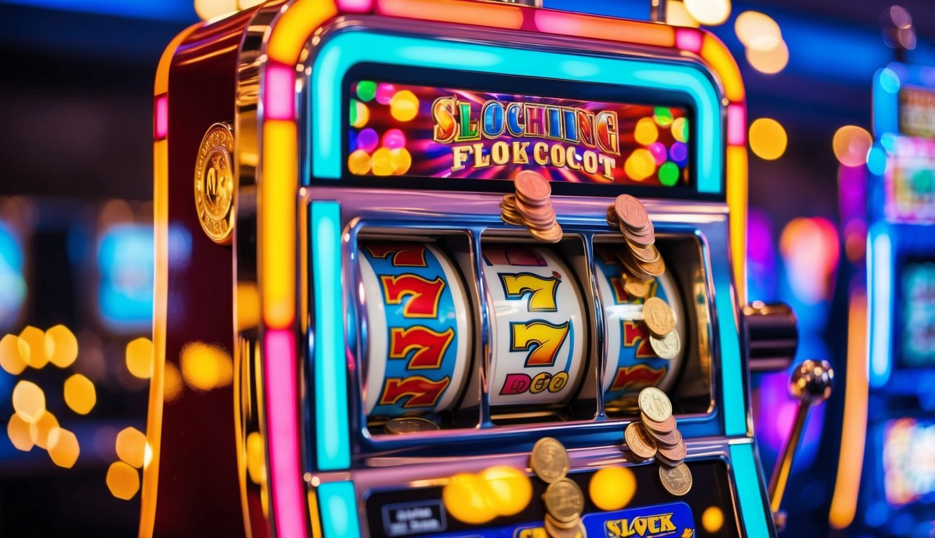 A colorful and vibrant slot machine surrounded by flashing lights and coins cascading down