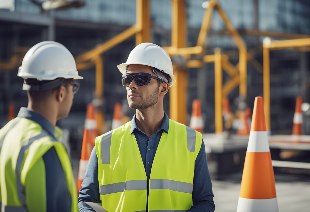 A worker operating an aerial lift, surrounded by safety cones and a certification poster