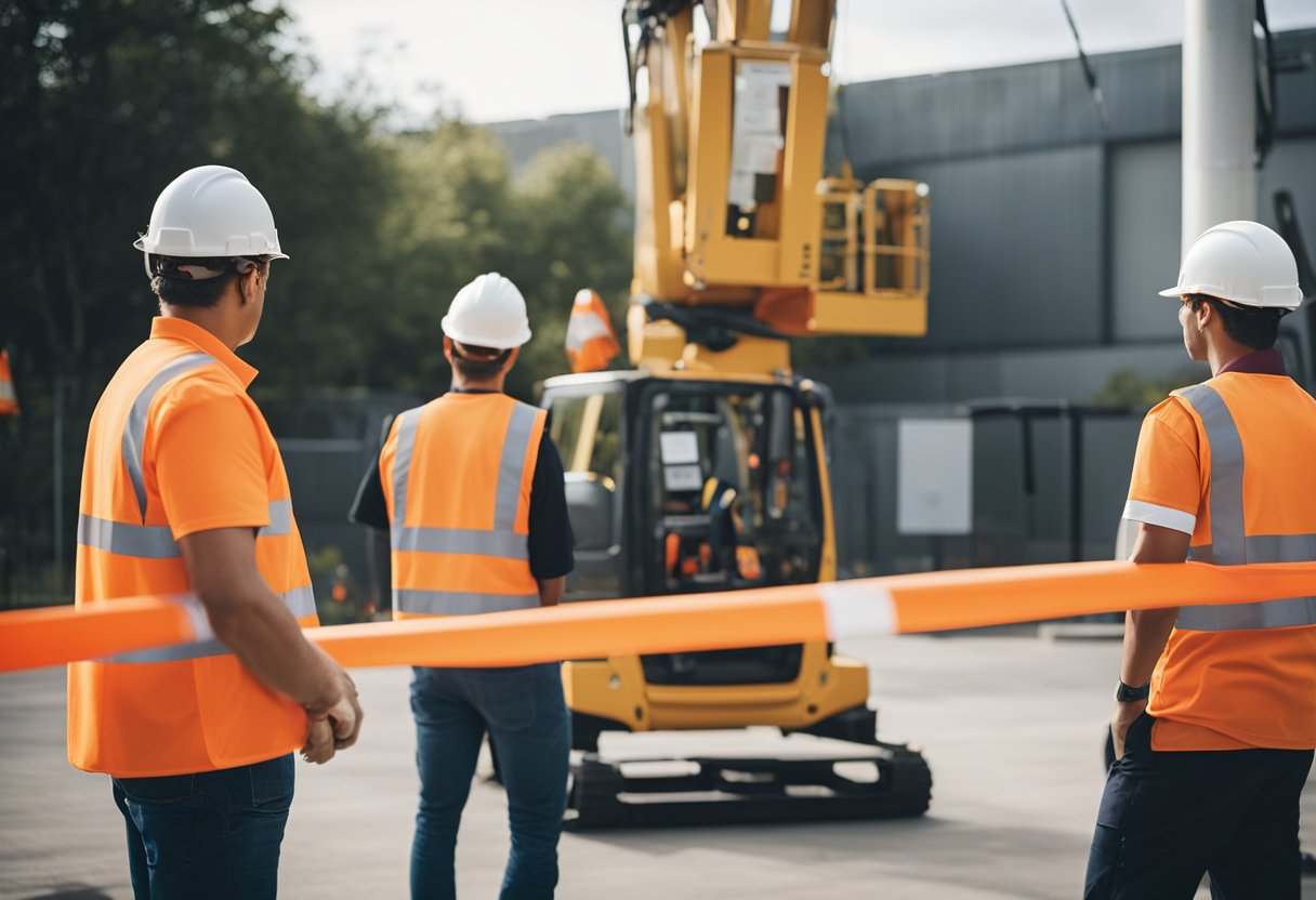 Aerial lift surrounded by safety cones and caution tape, with a trainer demonstrating proper use to a group of workers