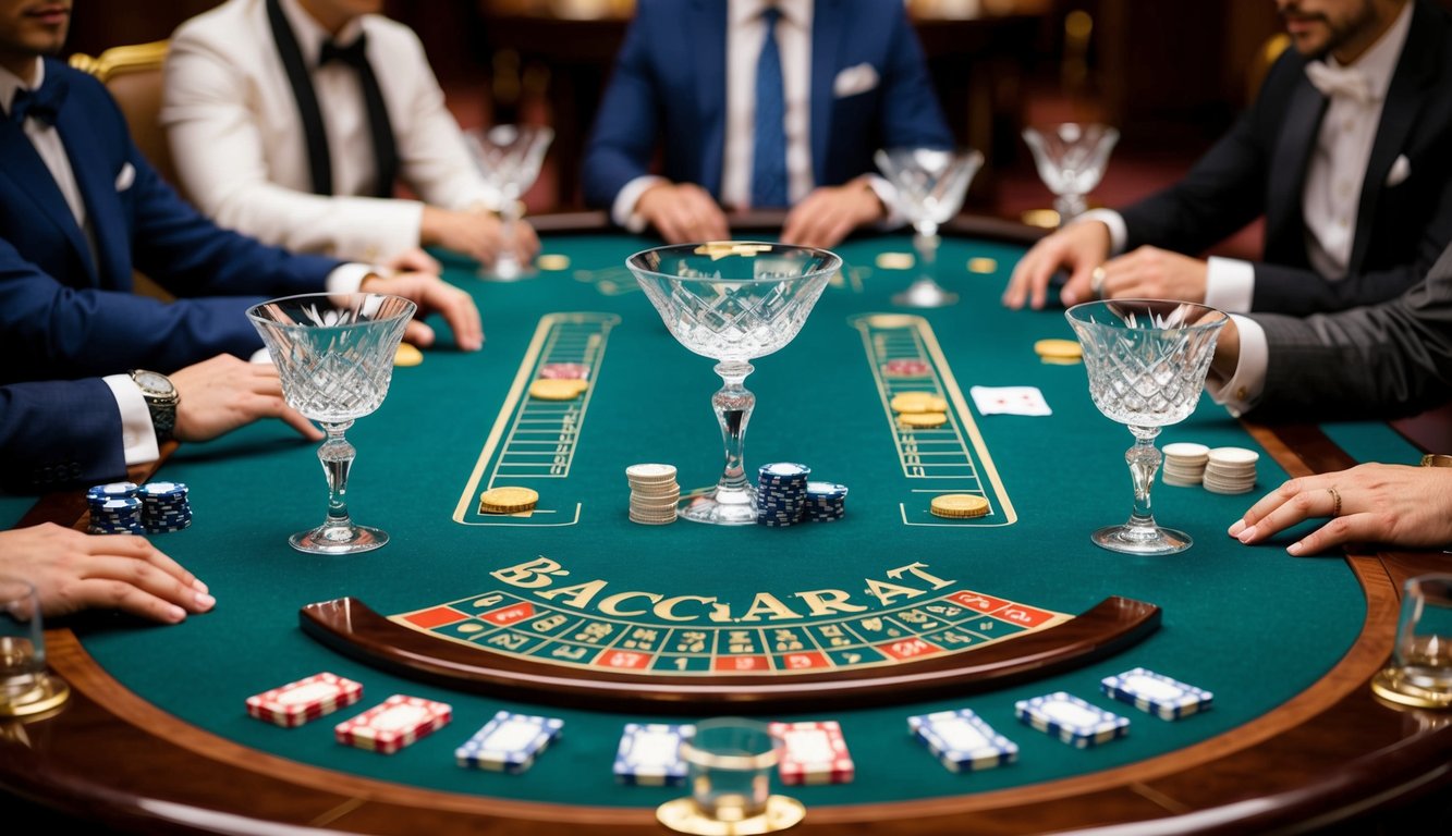 Sebuah meja baccarat mewah dikelilingi oleh pemain high roller, dengan gelas kristal yang elegan dan chip berkualitas tinggi