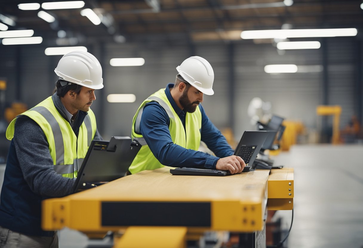 A group of workers undergo aerial lift certification and re-certification process under the guidance of an instructor in a spacious industrial warehouse