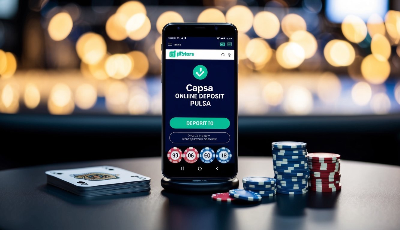 Sebuah smartphone menampilkan Capsa Online Deposit Pulsa di atas meja yang ramping dengan tumpukan chip poker dan setumpuk kartu