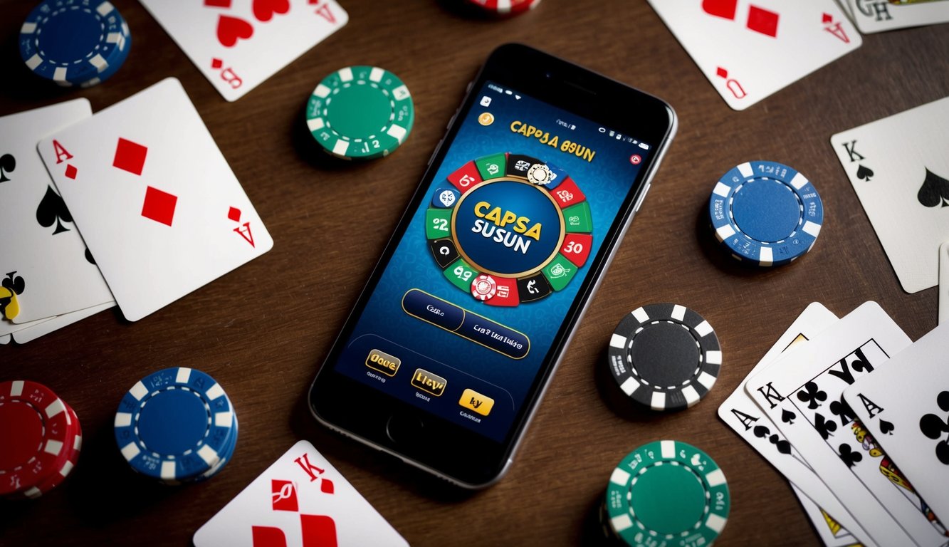 Sebuah smartphone yang menampilkan aplikasi permainan Capsa Susun di atas meja, dikelilingi oleh kartu permainan yang berserakan dan chip poker