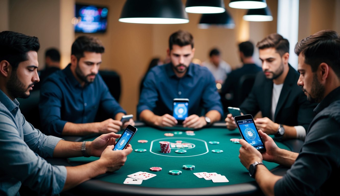 Sekelompok pemain duduk di sekitar meja poker virtual, masing-masing menatap dengan saksama kartu mereka di perangkat mereka. Keripik dan kartu berserakan di seluruh meja.