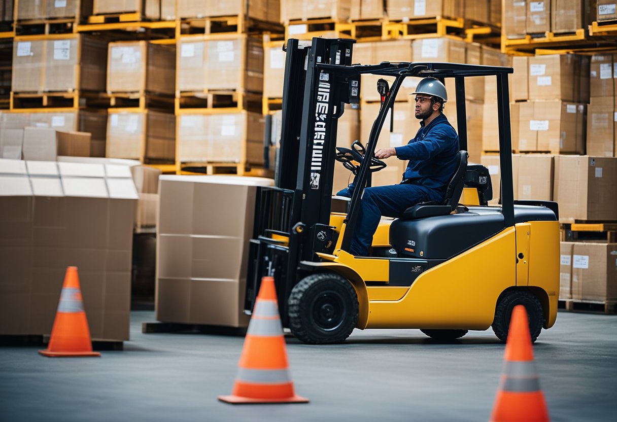 A forklift operator navigates through a obstacle course, demonstrating proper safety procedures and techniques for an OSHA training practice test