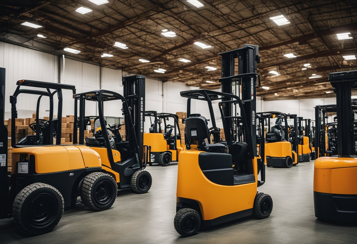 A warehouse with different types of forklifts lined up for OSHA training practice