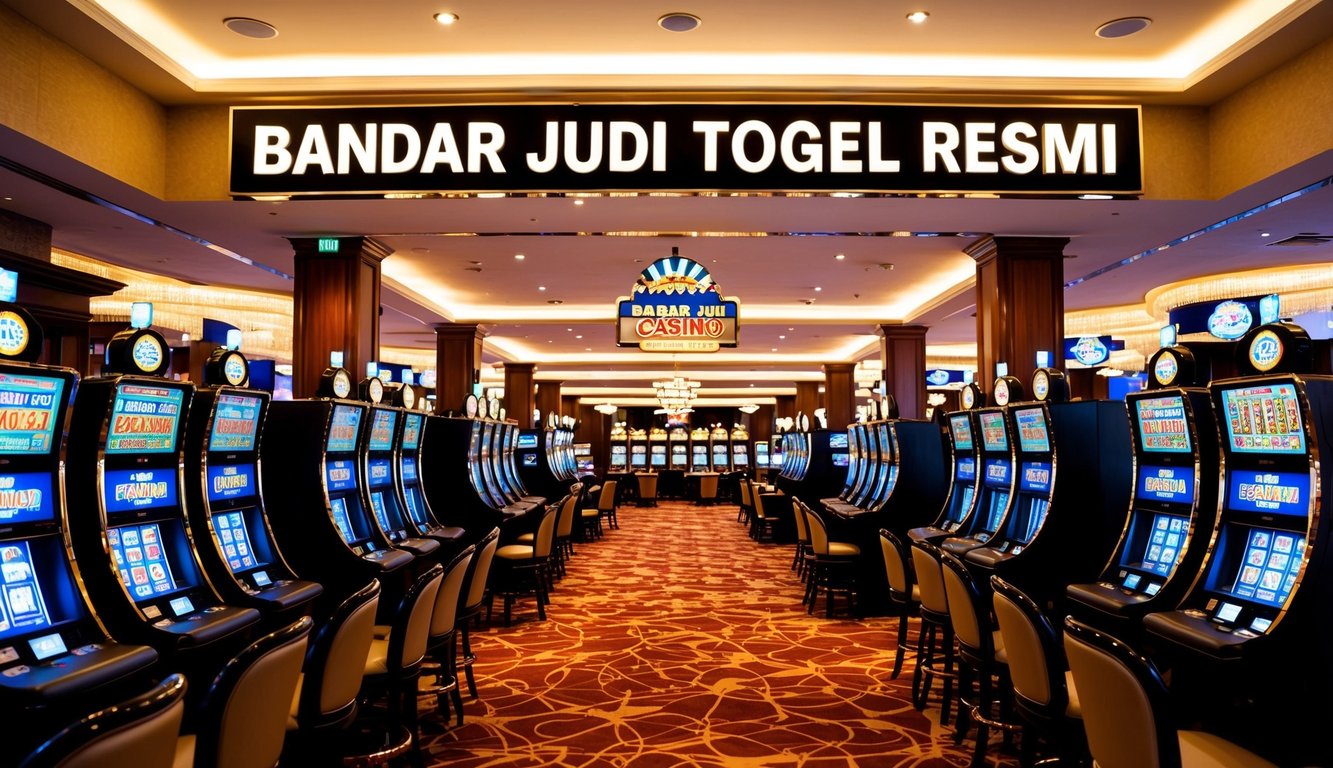 Sebuah kasino yang terang benderang dengan deretan mesin lotere elektronik dan sebuah papan bertuliskan "Bandar Judi Togel Resmi" di atas pintu masuk